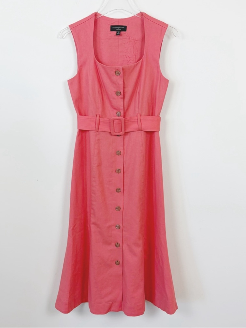 Banana Republic Linen Blend Button Midi Dress Coral belted Square Neck 2P